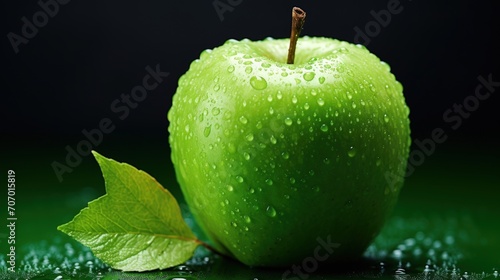 Fresh and ripe green apple fruit with drops water on wooden table dark background. AI generated image