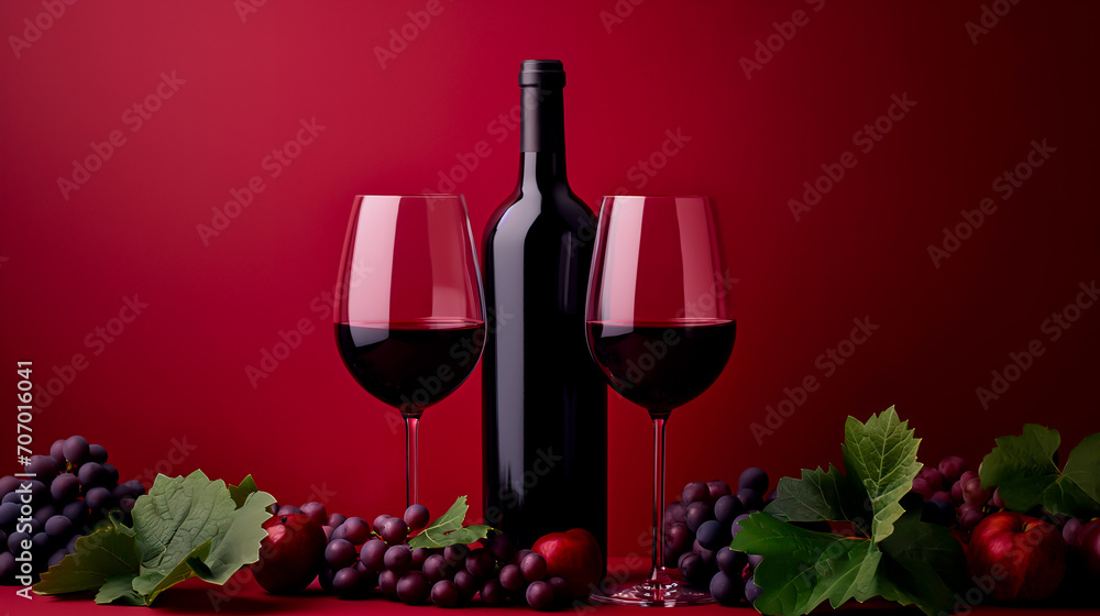 Elegant red wine setup with glasses, bottle, and grapes, concept of vineyard produce, luxury, and taste. Perfect for wine and dine themed backgrounds and wallpapers.
