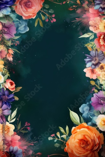 Frame with colorful flowers on green background