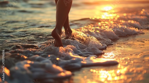 A person is walking along the shore, their feet touching the water as the sun sets, creating a warm glow. © Oleksii
