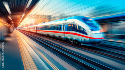 High-speed bullet train in motion, conveying rapid transit and travel, with dynamic motion blur. 