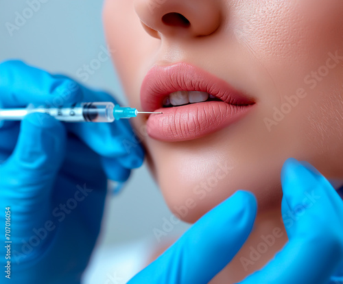 Cosmetic procedure with syringe for lip augmentation or filler, close-up with shallow field of view.	