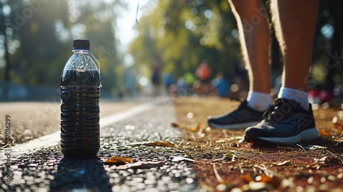 A water bottle is sitting on the ground with people's feet visible in the background, hinting at a park or outdoor setting. photo