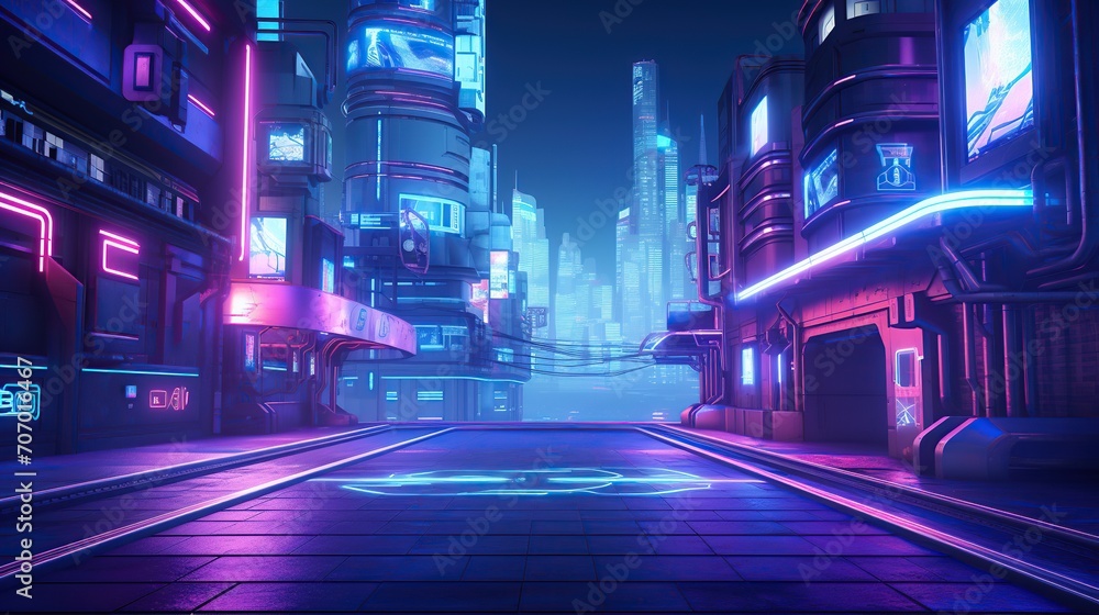 buildings in the City of the future are filled with neon lights in Cyberpunk Style