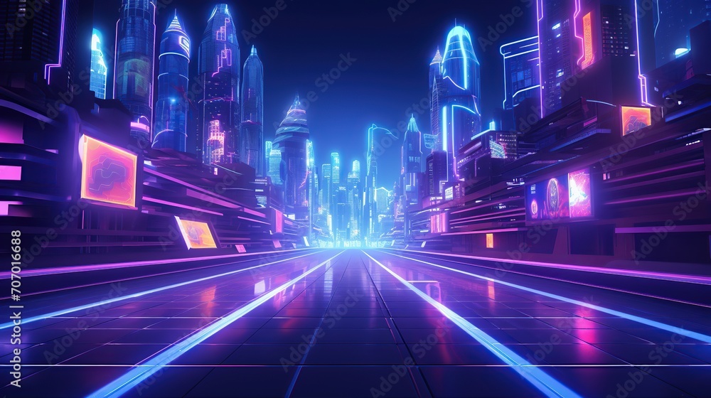 buildings in the City of the future are filled with neon lights in Cyberpunk Style