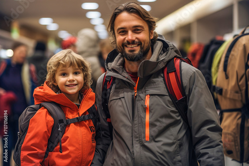 Father and little boy walking and looking around in big sports store. Many shelves with sport equipment and products.