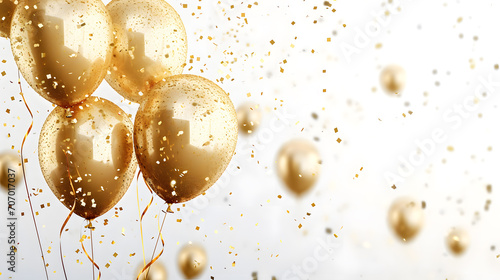 Bunch of golden balloons with sparkles high detailed background. Anniversary, birthday, wedding, party