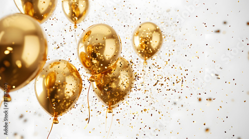 Bunch of golden balloons with sparkles high detailed background. Anniversary, birthday, wedding, party