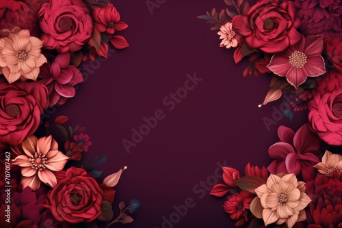 Frame with colorful flowers on maroon background