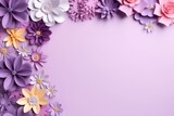Frame with colorful flowers on lavender background