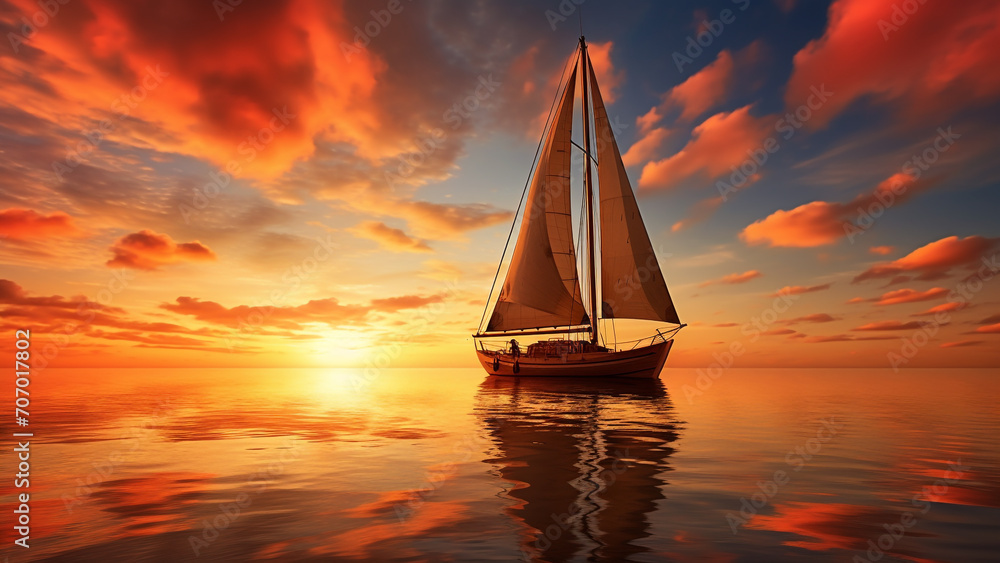 sailing boat in the heart of the sea at sunrise