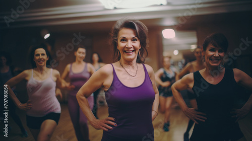 Active positive middle aged women with instructor performing dance elements during class with female group in modern fitness school for adults