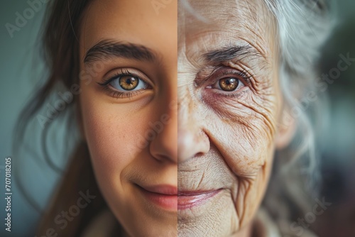 Beautiful woman's face, half young girl, half old woman. Before and after concept photo