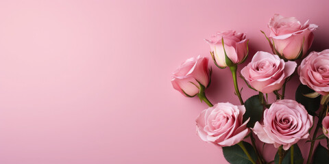 Greeting background with freshly pink roses flowerson a pink background . Festive banner for birthday, mother's day, March 8, anniversary.Flat lay, top view. Copy space. Mock up.