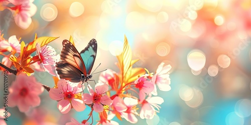 A butterfly sitting on the delicate just bloomed spring flowers of trees, in the gentle sunlight