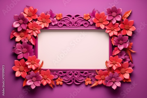 Frame with colorful flowers on magenta background