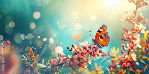 A butterfly sitting on the delicate just bloomed spring flowers of trees, in the gentle sunlight