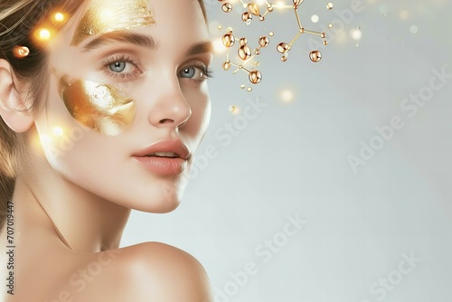Beautiful woman portrait gold hydrating serum molecules structure on the face, light background photo