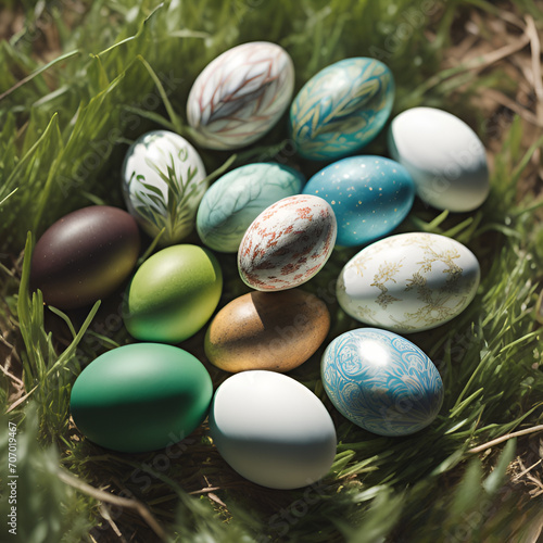 Group of Easter eggs with bright colors, Easter eggs on the grass