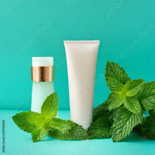 Unbranded cosmetic tubes on turquoise background. Skin care product presentation. Elegant mockup. Skincare, beauty and spa. Jar, tube with copy space