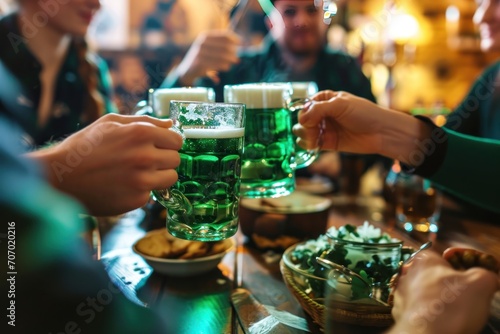 People Celebrating St Patrick's Day in a Irish Beer Pub in a leprechaun costumes. Saint Patrick's Day Concept with Copy Space. Group of friends drinking beer and having fun in a Irish Pub. St. Patrick photo