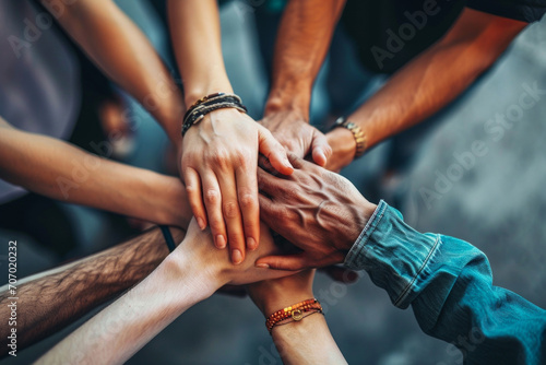 A group of people with their hands together. Business teamwork and support photo