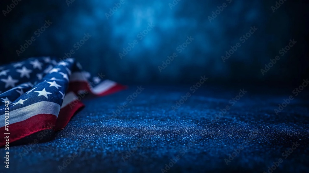 Blue background with the flag of America, political elections, voting for president - obrazy, fototapety, plakaty 