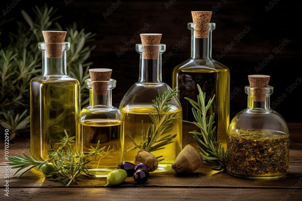 Olive oil in glass bottle with herbs. Wooden background. Olive oil in glass bottle with herbs. Wooden background.