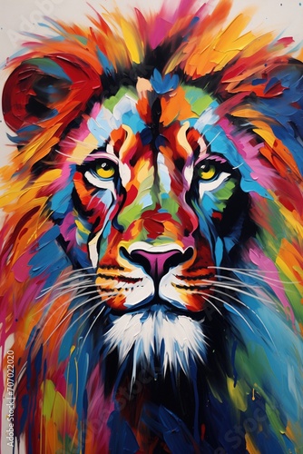 Animal portrait head art - Colorful abstract oil acrylic painting of colorful lion  pallet knife on canvas. Print on canvas or download