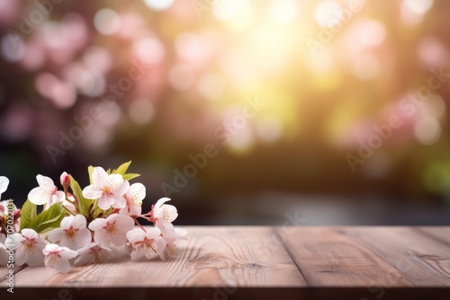 Wooden table top with a view of the blooming spring garden. A branch of cherry blossoms on a rustic table. photo