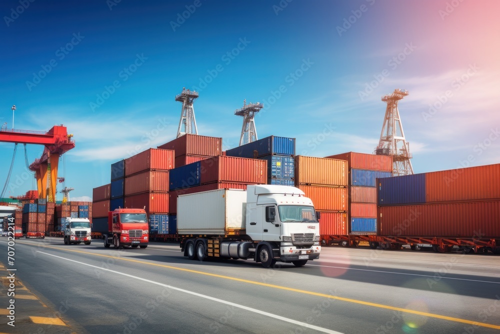 transport of large goods Cargo trucks and ships Containers and cranes in the port Shipping and transportation