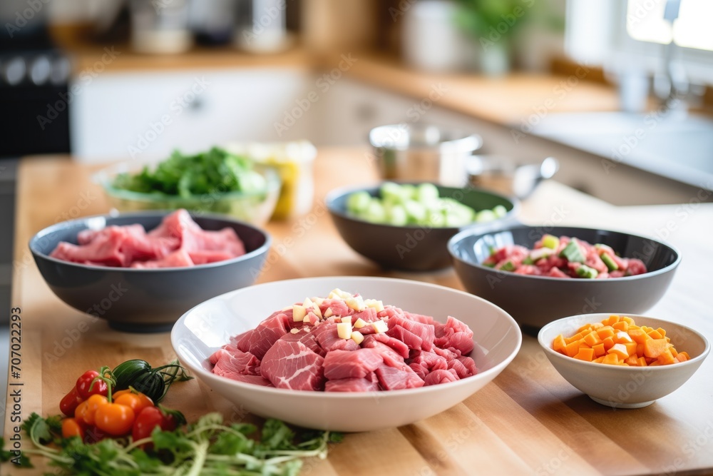 raw diced beef and vegetables prepped in separate bowls raw diced beef and vegetables prepped in separate bowls