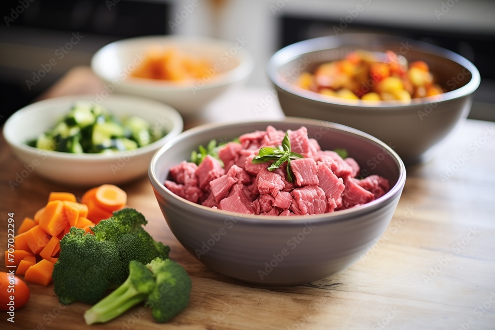 raw diced beef and vegetables prepped in separate bowls raw diced beef and vegetables prepped in separate bowls
