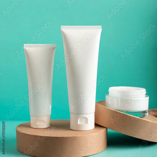 Unbranded cosmetic tubes on turquoise background. Skin care product presentation. Elegant mockup. Skincare, beauty and spa. Jar, tube with copy space