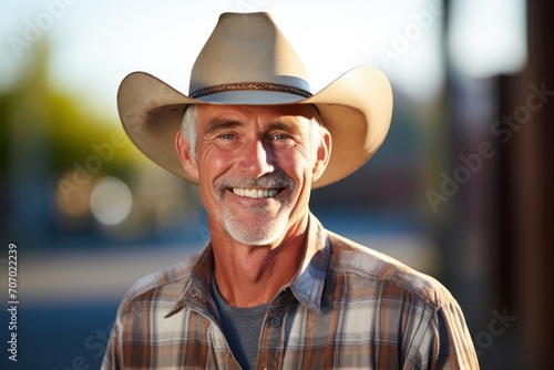 Cheerful senior American man wearing a classic cowboy hat.