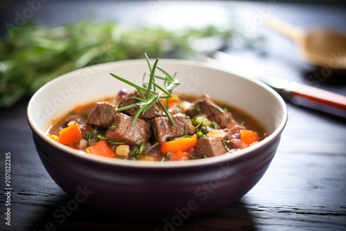 beef stew in bowl, fresh thyme garnish, with spoon ready