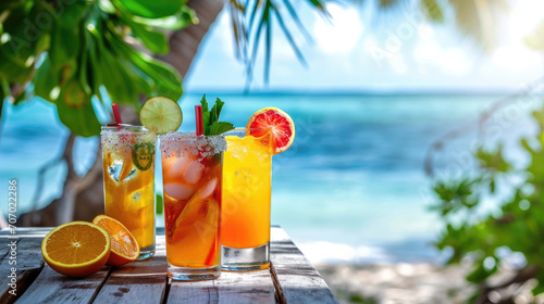 Tropical cocktails on beach table with sea in background. Summer vacation. photo