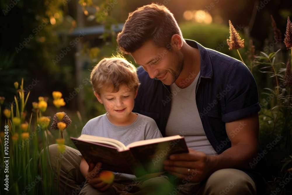 Father teaching his son to read together in the garden, happy bonding Father teaching his son to read together in the garden, happy bonding