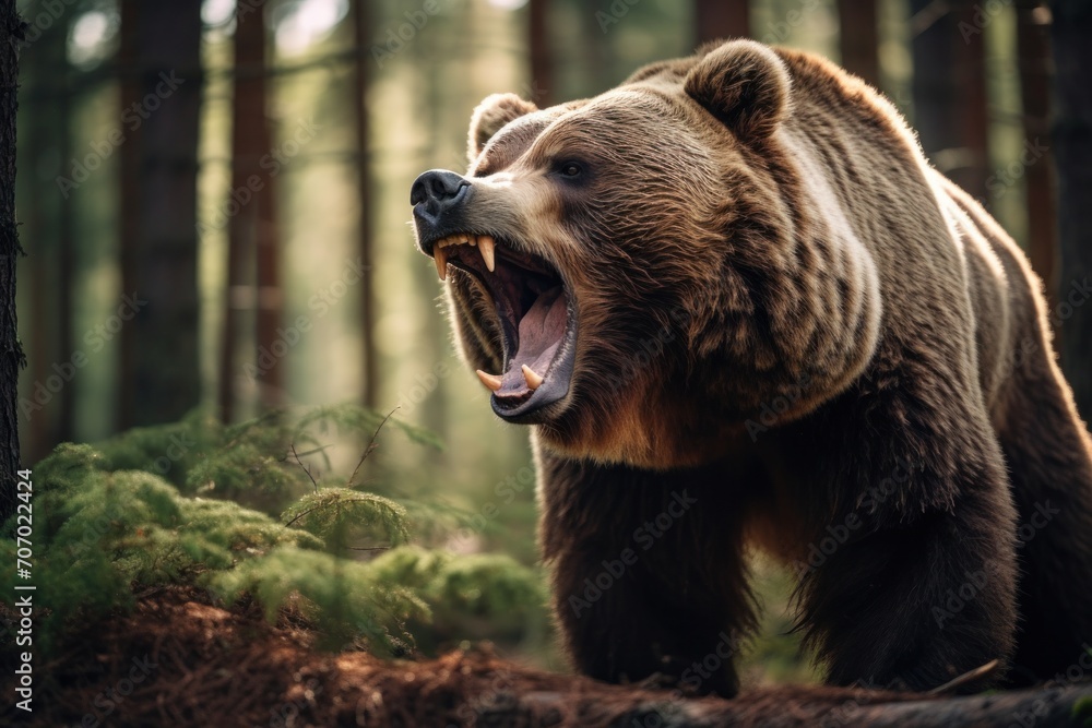 Fototapeta premium A big, ferocious bear roared in the forest.