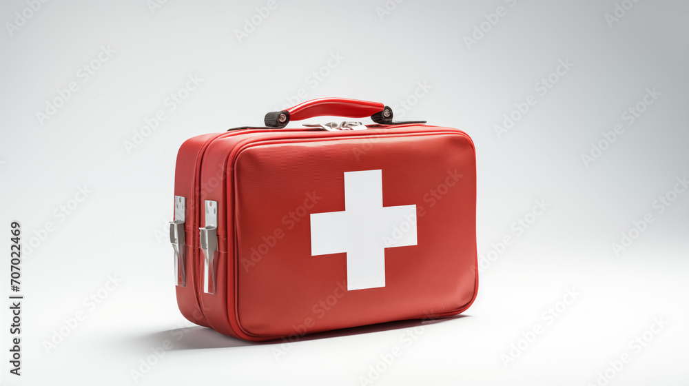 isolated photograph red first aid kit on white background isolated photograph red first aid kit on white background