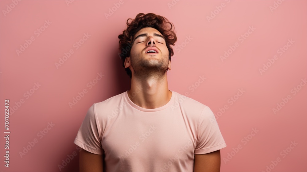 young man standing over pink background stretching back, tired and relaxed, sleepy and yawning for early morning young man standing over pink background stretching back, tired and relaxed, sleepy and yawning for early morning