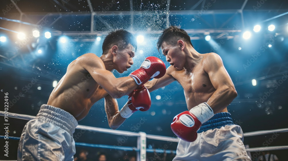 Two asian young professional boxer having a competition tournament on stage. Attractive male athlete fighters muscular shirtless punches 