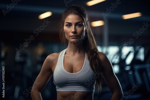 Young woman wearing sportswear exercising confidently smiles at the gym