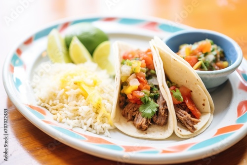 juicy beef tacos with a side of refried beans and rice