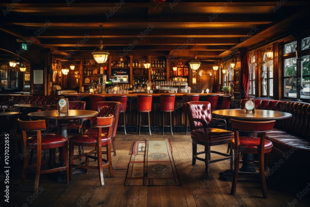 Interior of a traditional pub with wooden tables and red leather seats, offering a cozy and vintage atmosphere