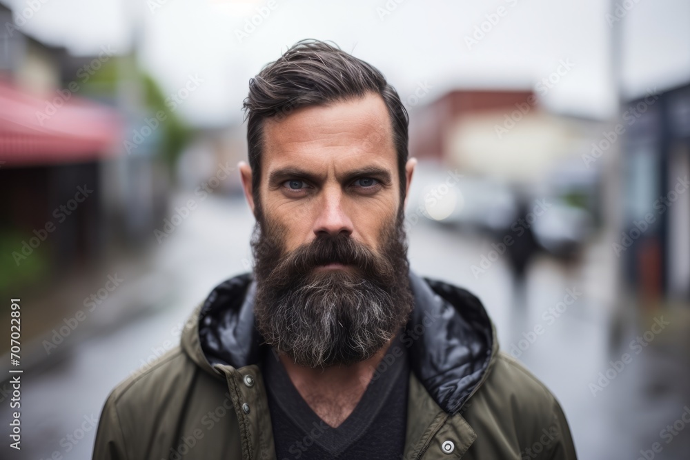 Portrait of a handsome man with long beard and mustache in the city. Portrait of a handsome man with long beard and mustache in the city.
