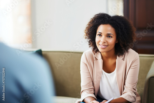 An empathetic therapist in a calm office setting, attentively listening to a client with a demeanor that radiates understanding and patience