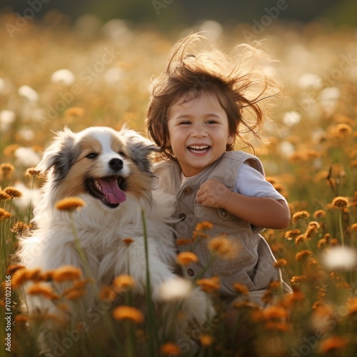 Child Playing with Dog in Flower