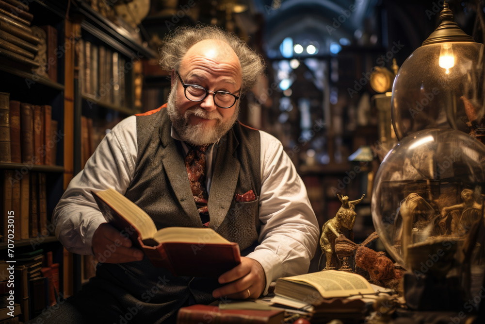 Passionate Historian Immersed in Ancient Tales, Surrounded by a Treasure Trove of Antiques Reflecting Centuries of Human Endeavors Passionate Historian Immersed in Ancient Tales, Surrounded by a Treasure Trove of Antiques Reflecting Centuries of Human Endeavors
