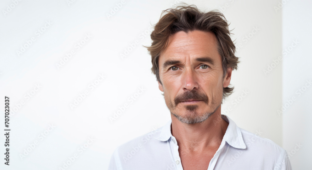 Portrait of handsome middle-aged man looking at camera while standing against white background. Portrait of handsome middle-aged man looking at camera while standing against white background.